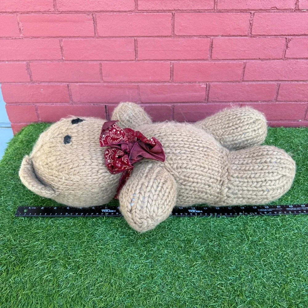 Vtg Hand Knitted Teddy Bear‎ Tan Yarn Red Scarf Bow Stuffed Animal Plush Toy 23